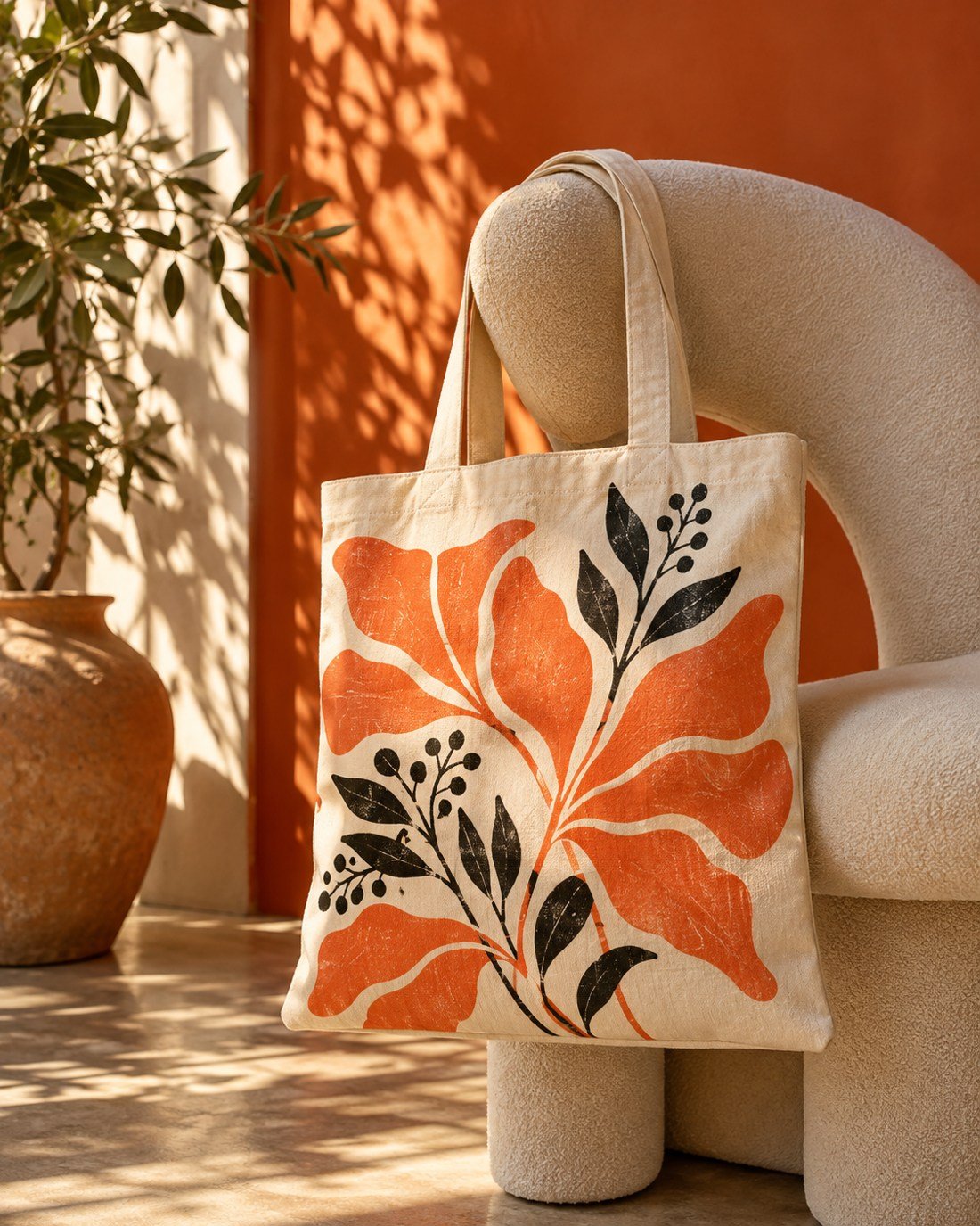 Bolsa de algod?n con ilustraci?n bot?nica naranja en un ambiente c?lido