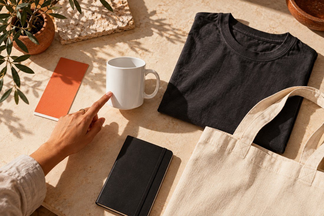 Selecci?n creativa de taza, playera y bolsa sobre una mesa de trabajo
