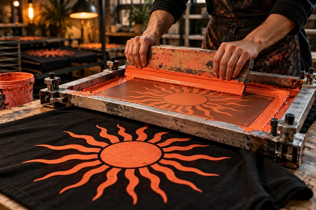 Detalle conceptual del estampado de una prenda con tinta naranja